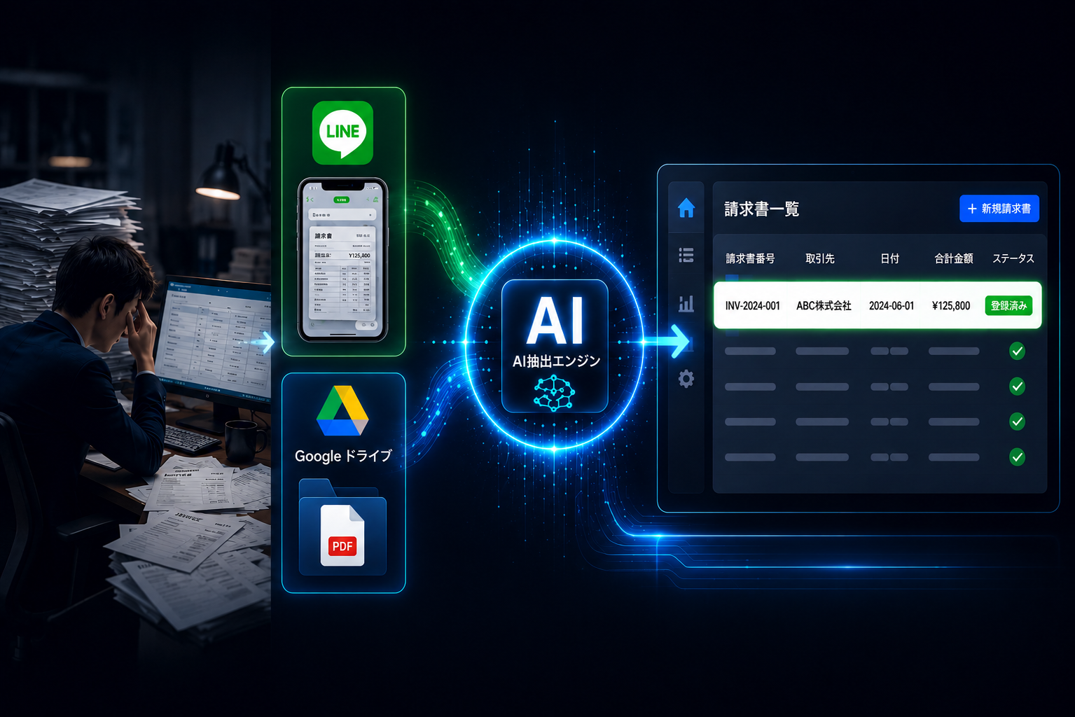 AI請求書処理システム — LINE・Google Driveから請求書を自動抽出