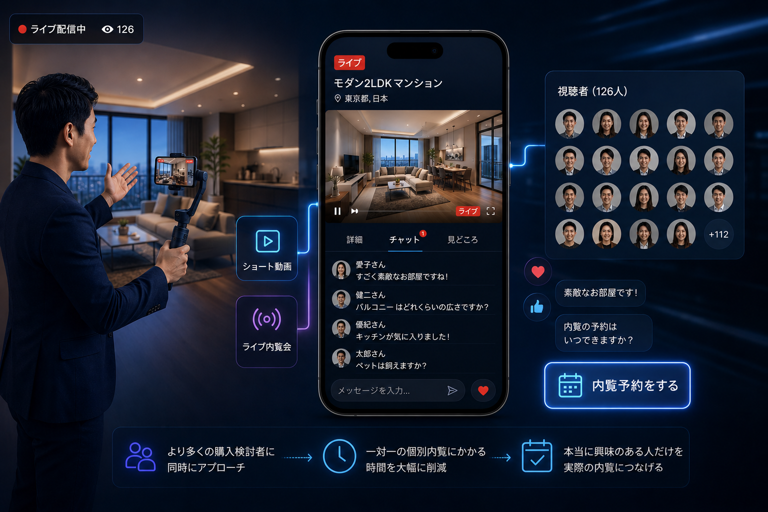 ショート動画・ライブ内覧機能を備えた不動産プラットフォーム